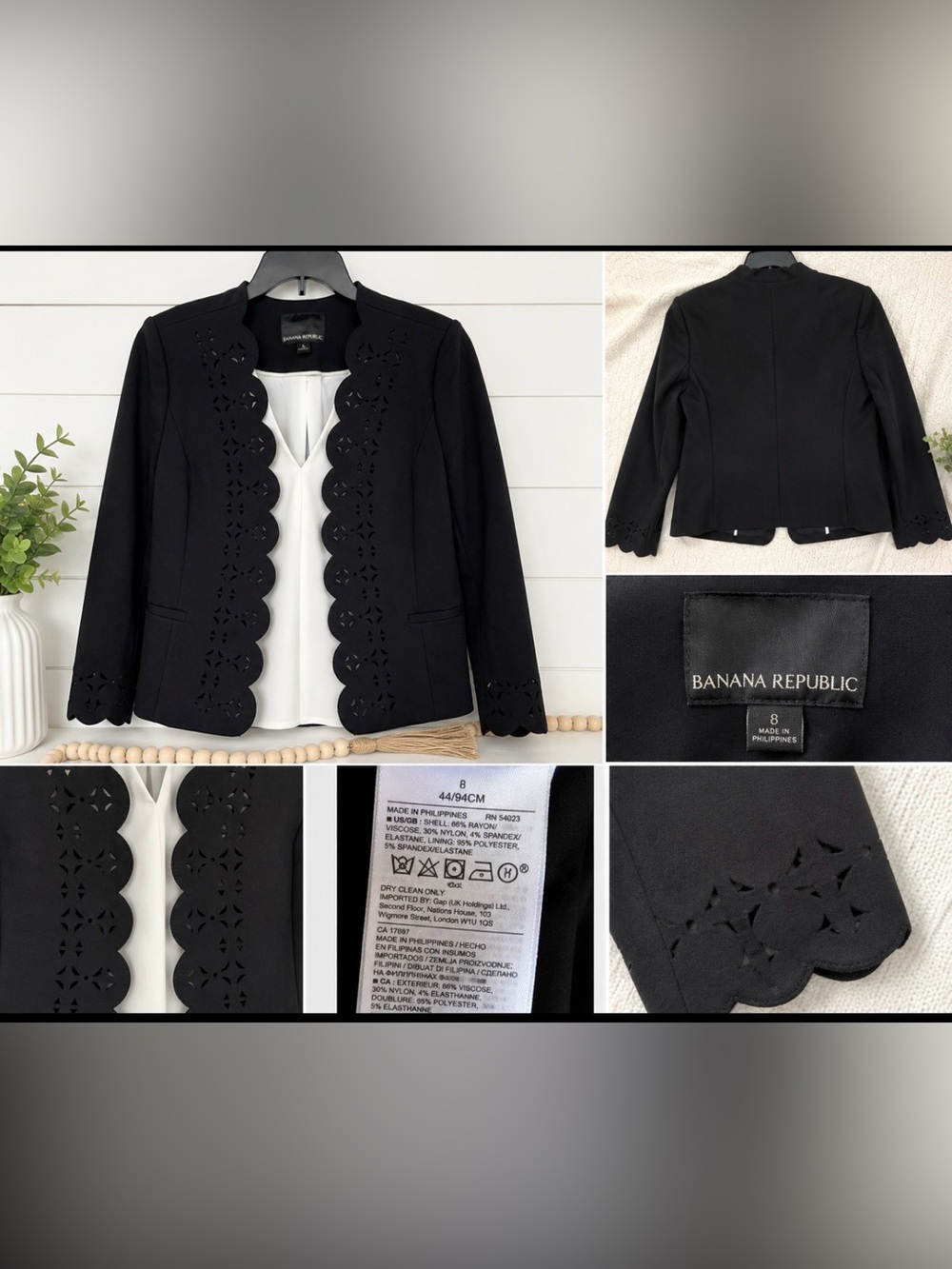 Banana Republic Ponte Scallop Blazer Women’s 8 Black Open Front Career Jacket